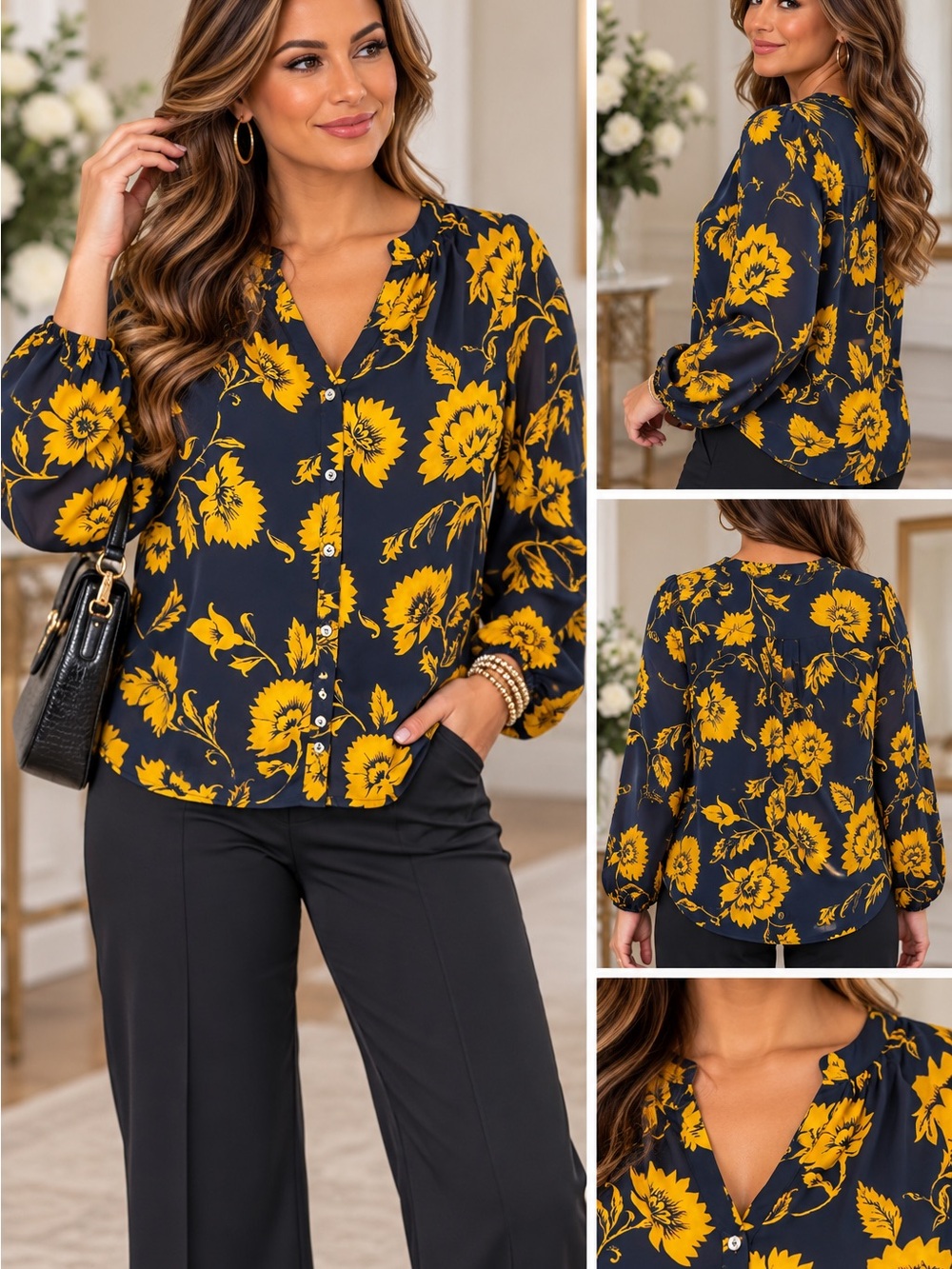 J. Crew Navy Button-Front Blouse with Bold Yellow Floral Print